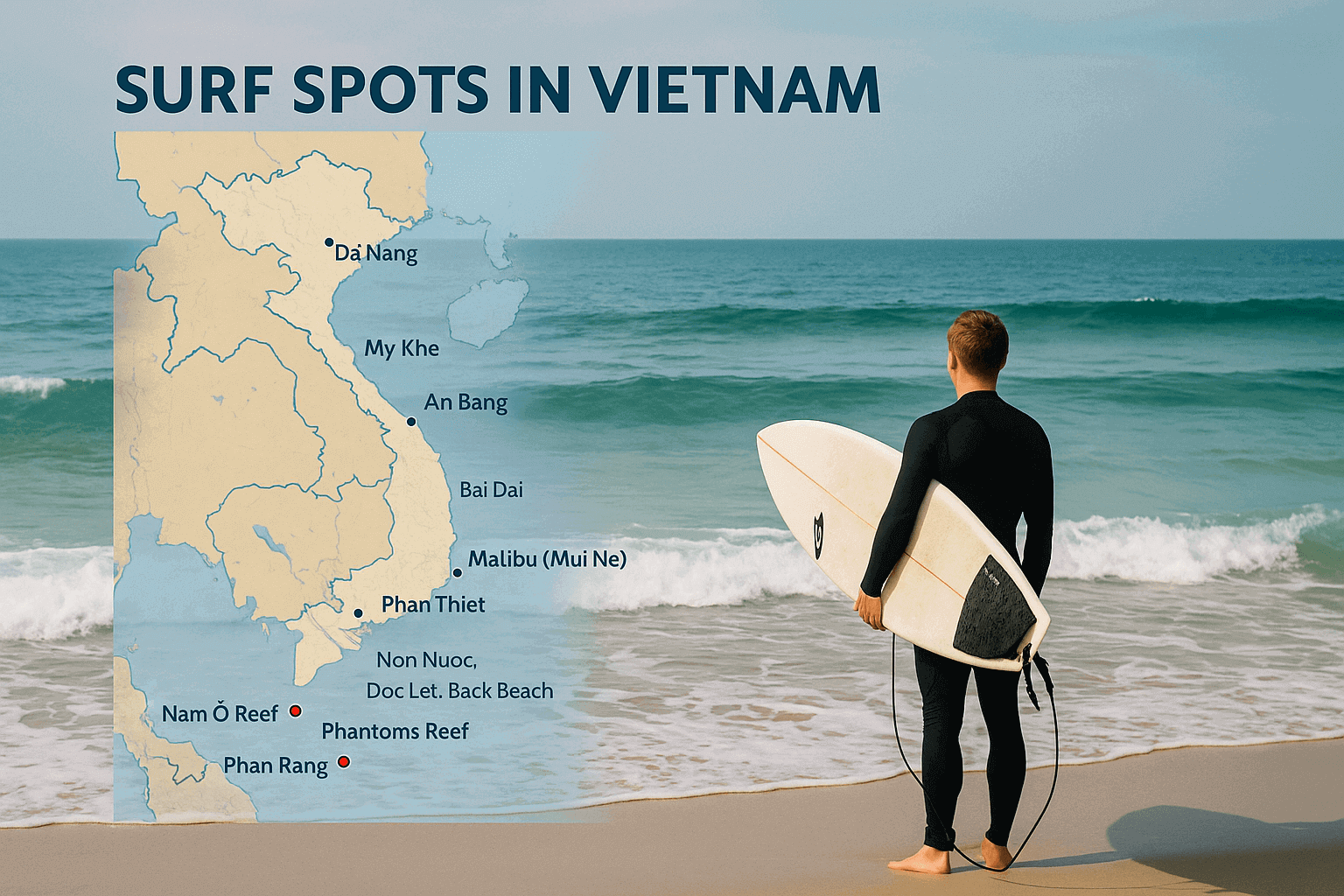 Surf spots in Vietnam shown on map with Da Nang, Mui Ne, and Phan Rang marked; surfer standing on beach with surfboard.