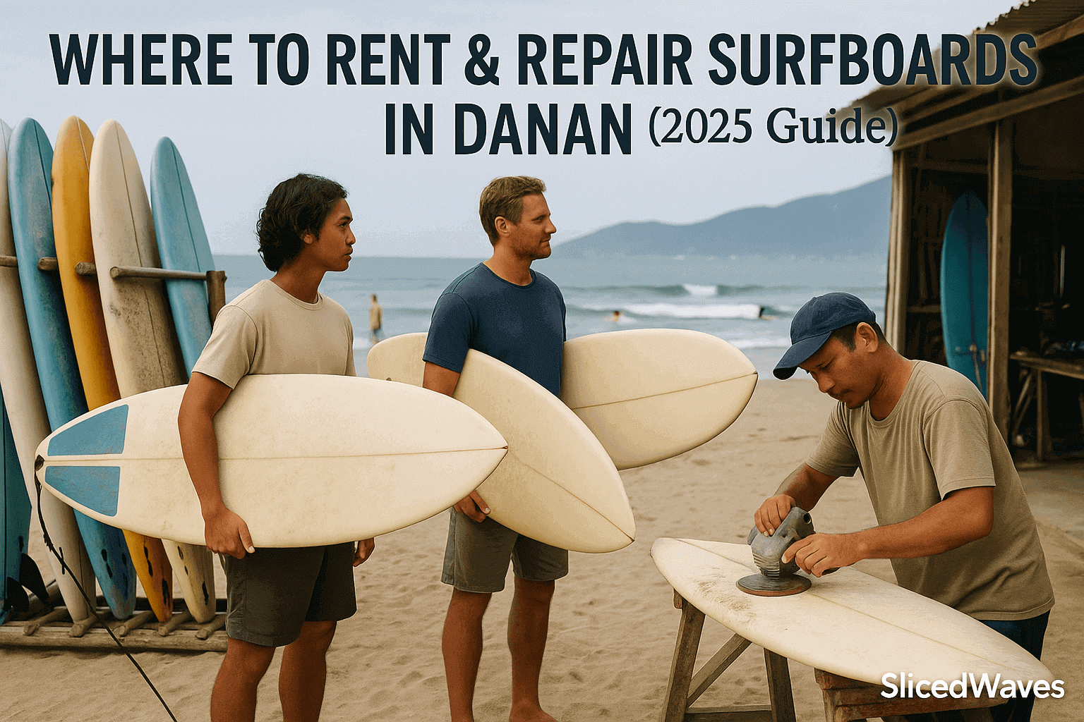 Surfboard rental and repair in Da Nang — local surfers and expat on My Khe Beach with surfboards, repair tools, and ocean view — SlicedWaves