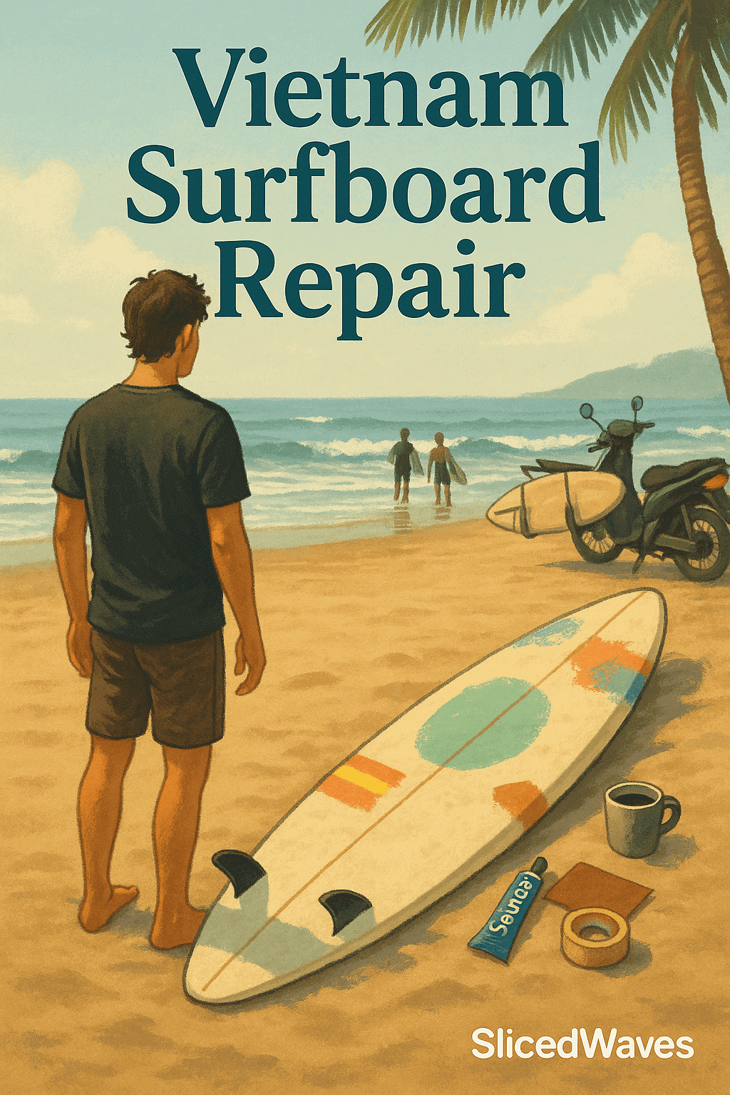 Surfboard repair on a Vietnam beach, surfboard with patches, repair kit, Da Nang, SlicedWaves article cover