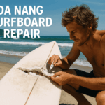 Da Nang surfboard repair, realistic photo cover, surfboard with repair patches and kit, beach, SlicedWaves