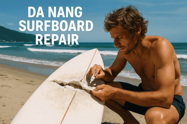 Da Nang surfboard repair, realistic photo cover, surfboard with repair patches and kit, beach, SlicedWaves