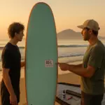 How to Choose a Surfboard. Coach points to volume and width sticker on a beginner soft-top at sunrise on Da Nang beach; UV resin and fin key nearby.