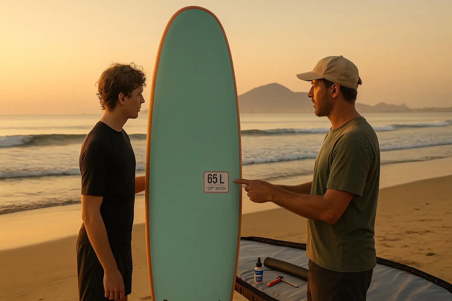 How to Choose a Surfboard. Coach points to volume and width sticker on a beginner soft-top at sunrise on Da Nang beach; UV resin and fin key nearby.