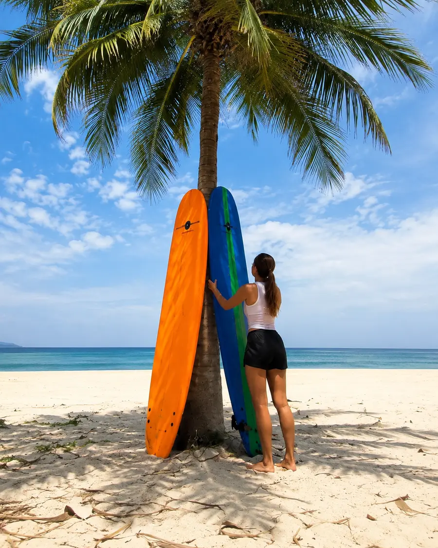 Orange and blue 9-foot SlicedWaves rental softboards in Da Nang